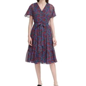 Calvin Klein Floral Wrap Midi Dress - Blue and Red Size 4 Sleeve Feminine Zip